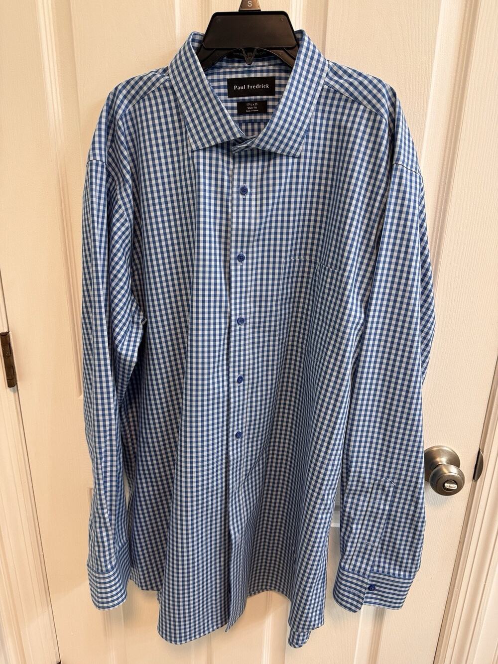 Paul Frederick Dress Shirt 17 1/2 X 35 Slim Fit Blue White Check Two Ply Cotton